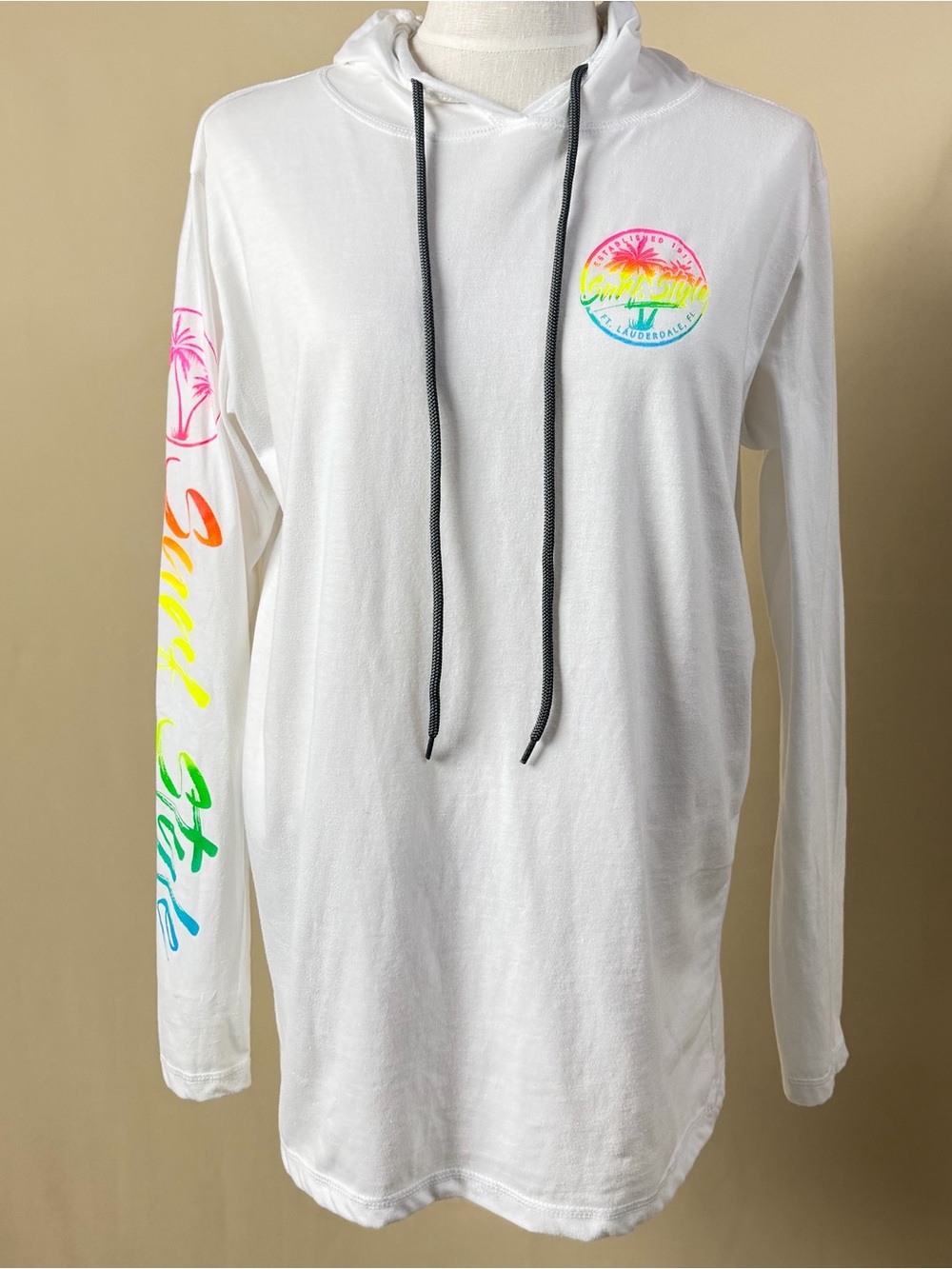 surf style White Tee with Black Logo and Pink Accent